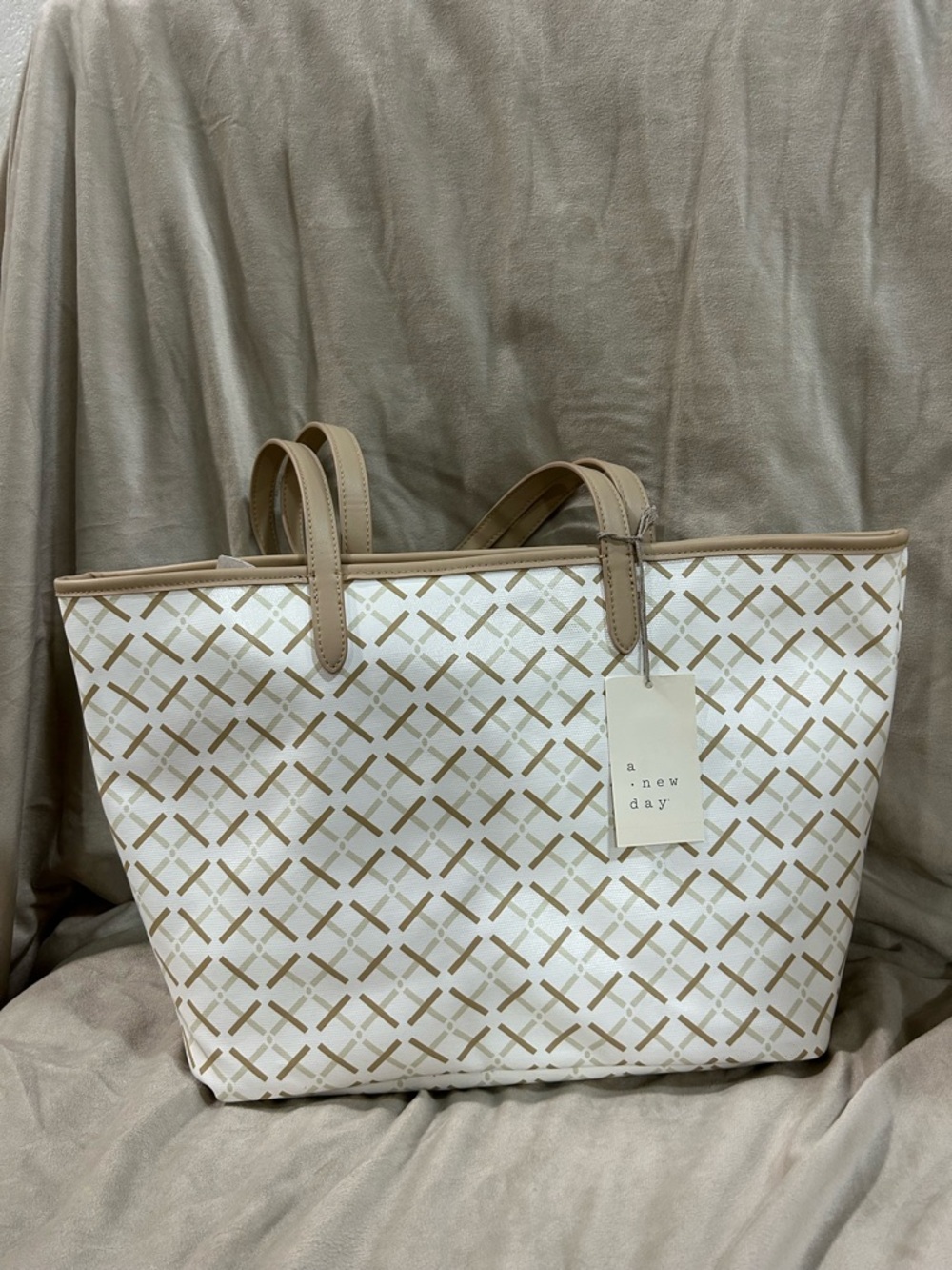 a new day White and Beige Crosshatch Tote